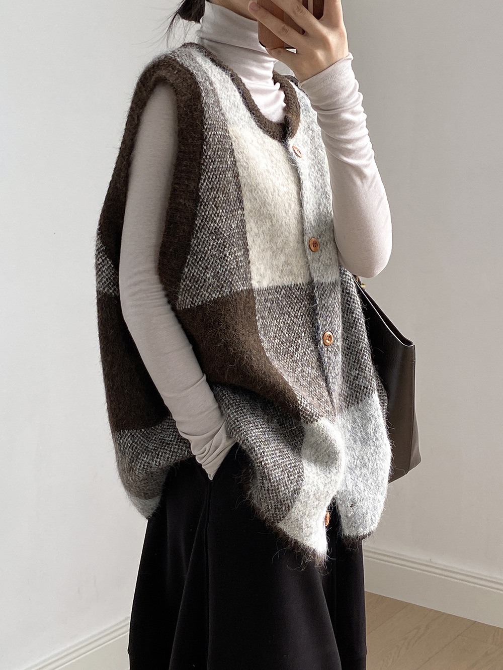 撞色格子針織背心外套