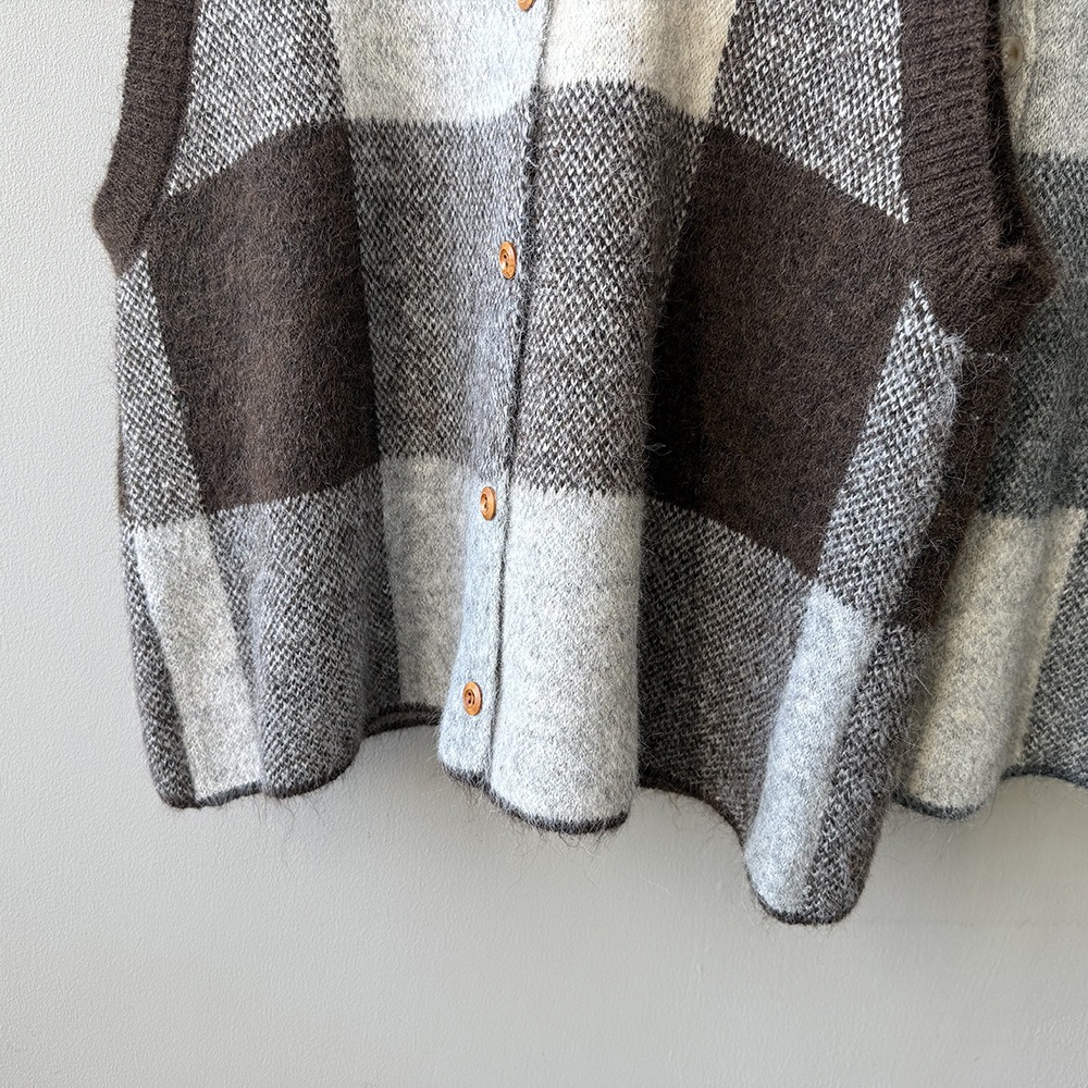 撞色格子針織背心外套