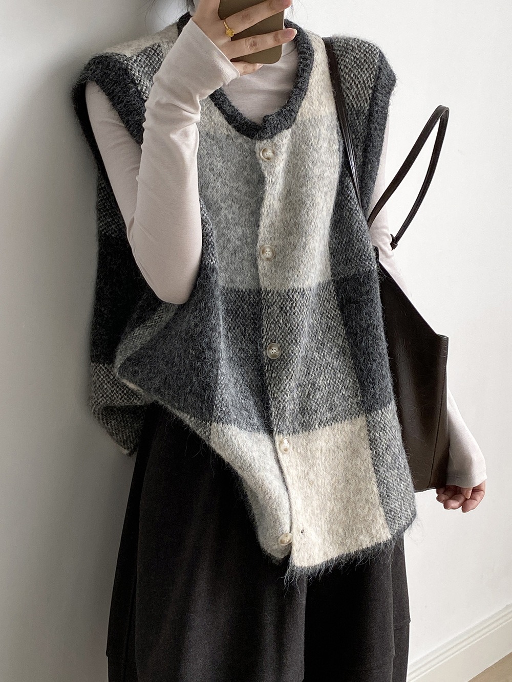撞色格子針織背心外套