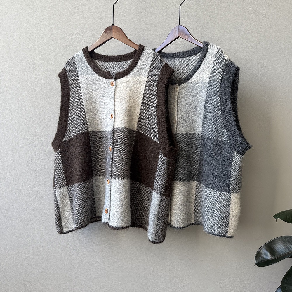 撞色格子針織背心外套