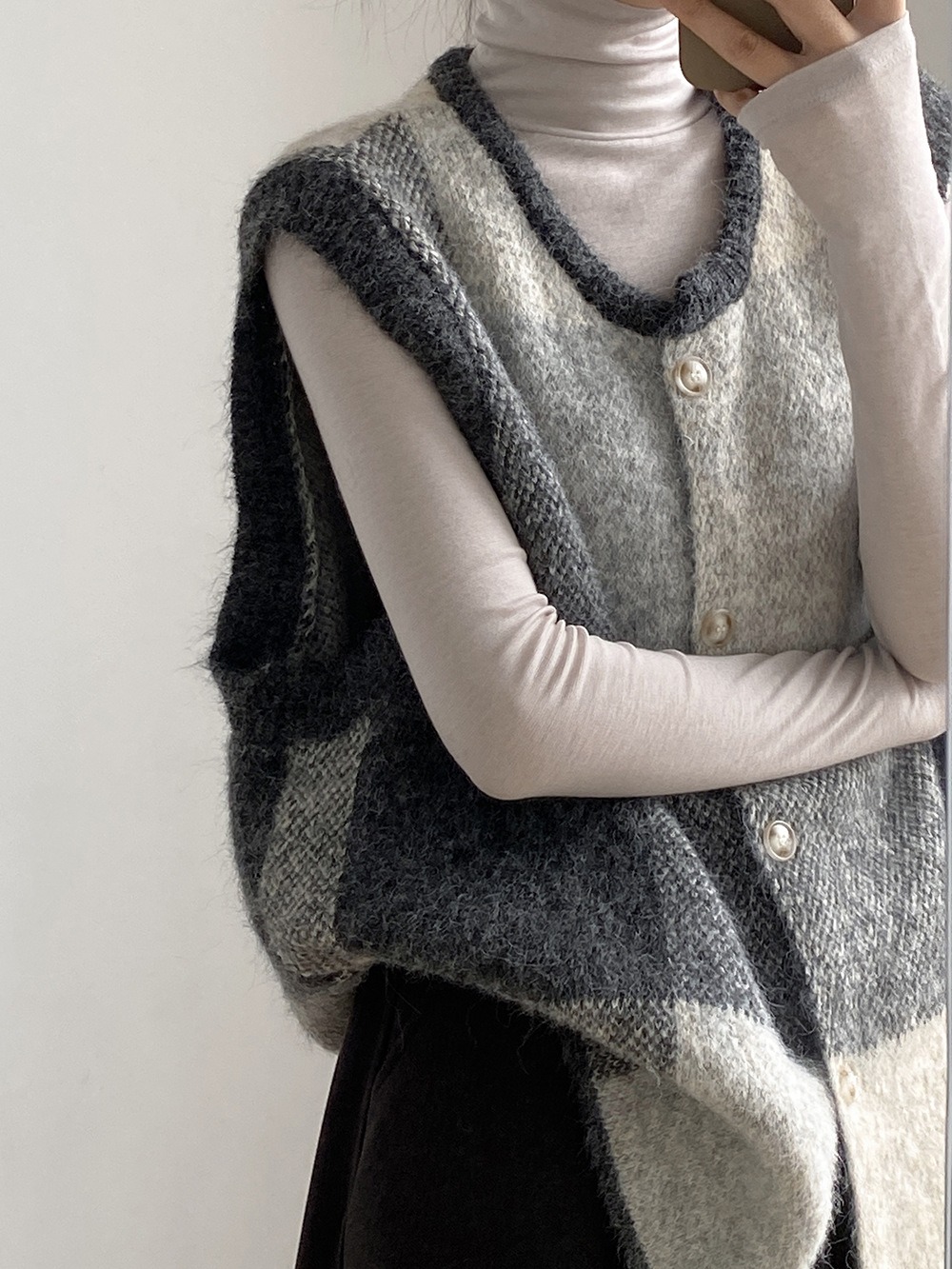 撞色格子針織背心外套