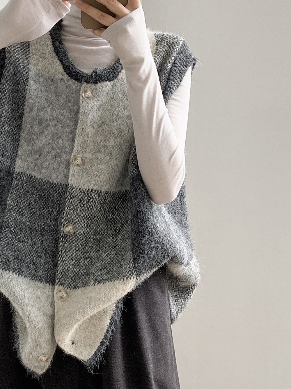 撞色格子針織背心外套