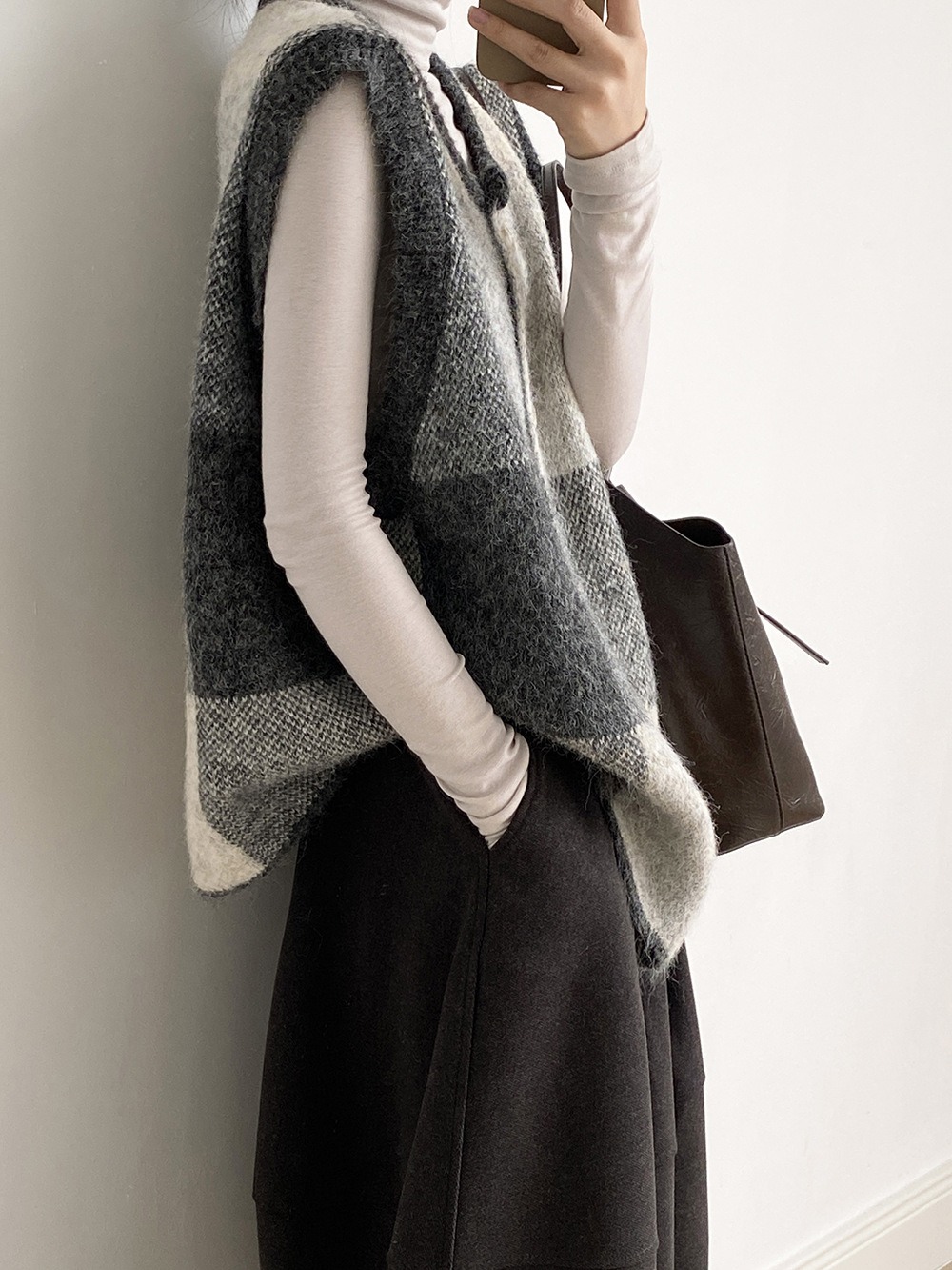 撞色格子針織背心外套