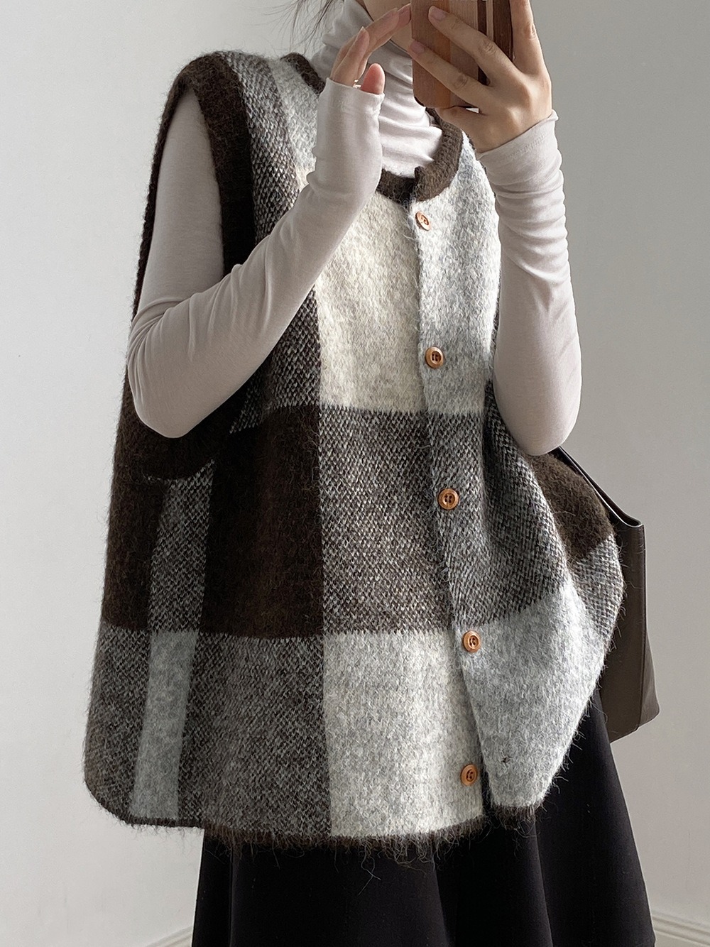撞色格子針織背心外套