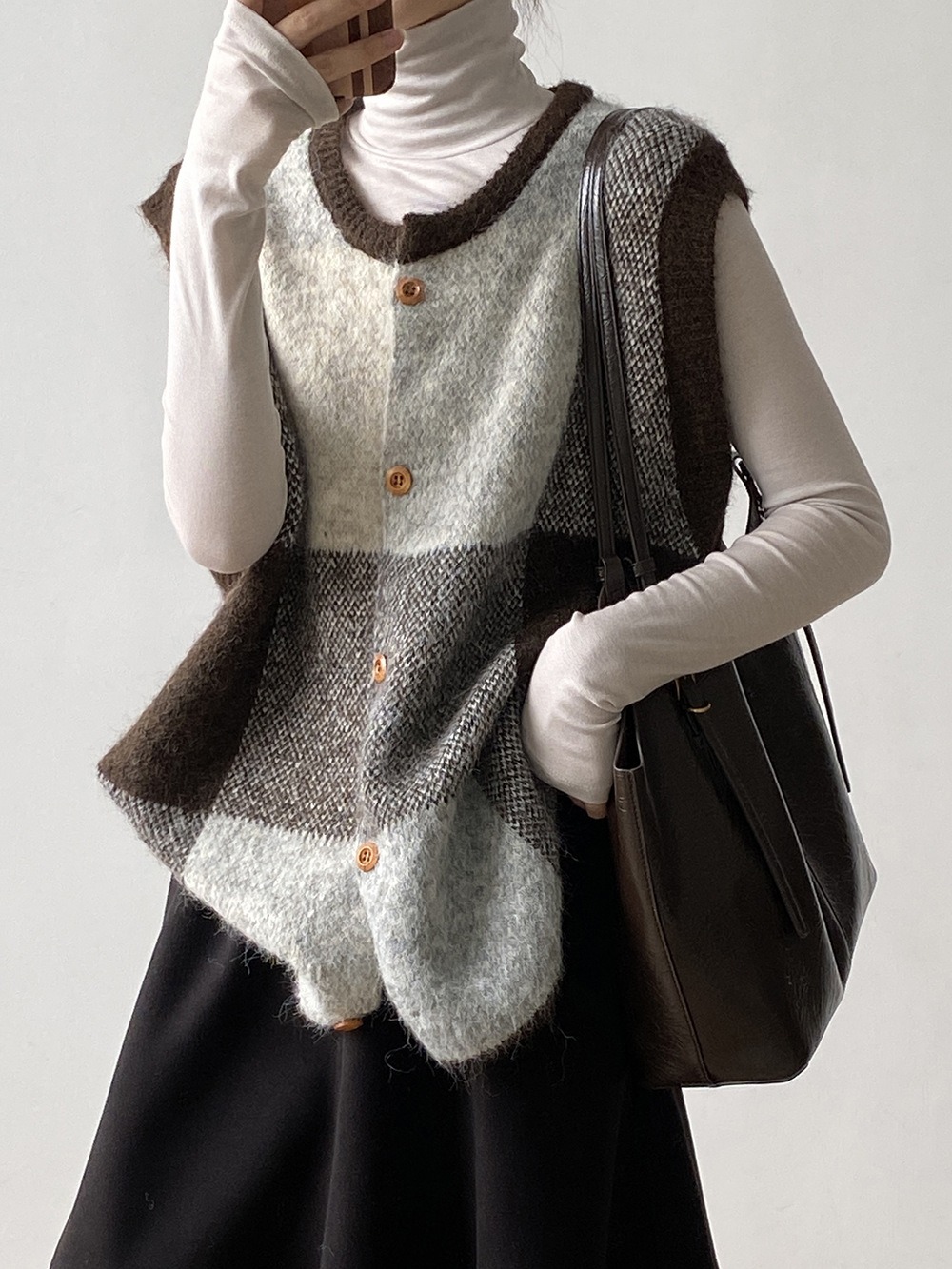 撞色格子針織背心外套