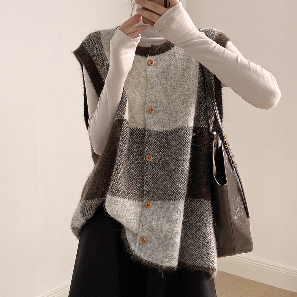 撞色格子針織背心外套
