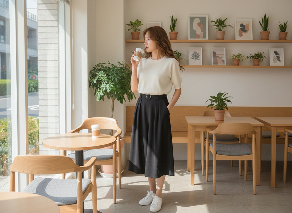 休閒後鬆緊腰七分寬褲