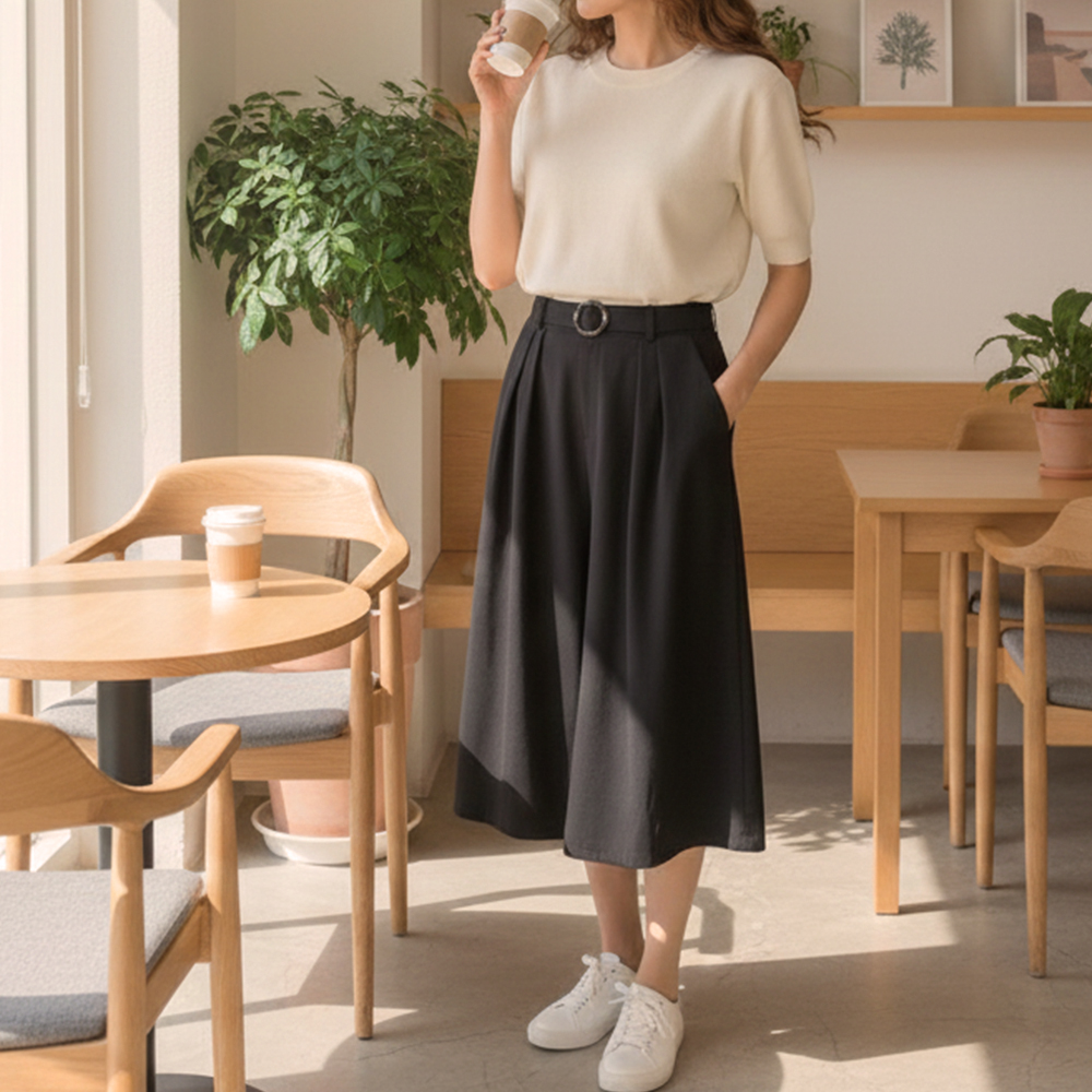 休閒後鬆緊腰七分寬褲