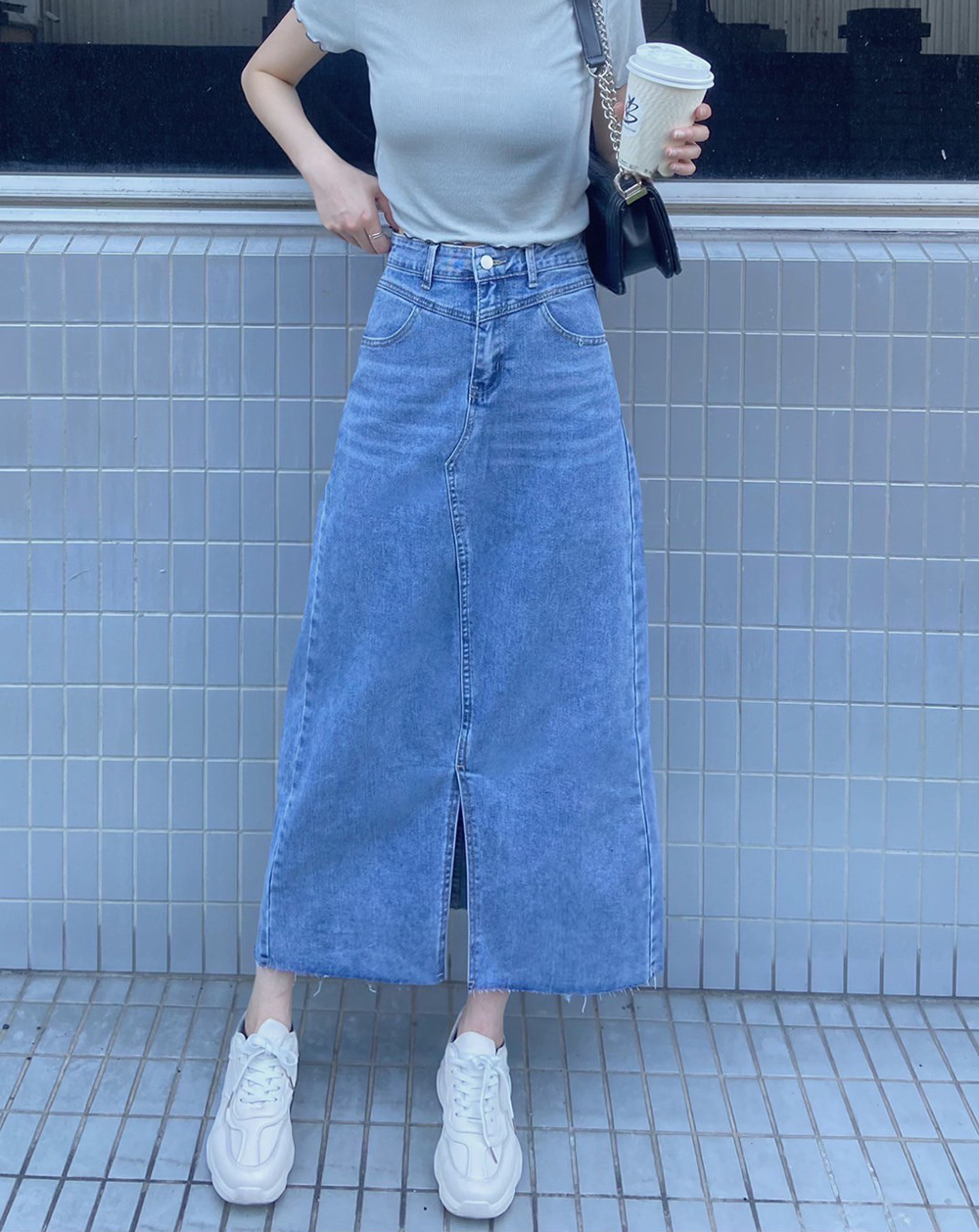 前開衩微彈牛仔長裙