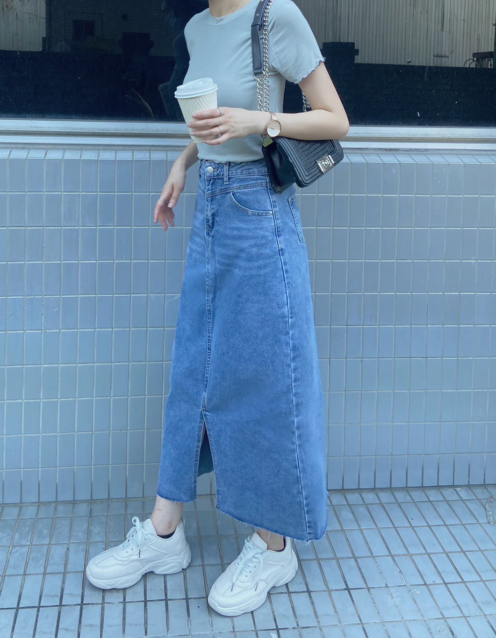 前開衩微彈牛仔長裙