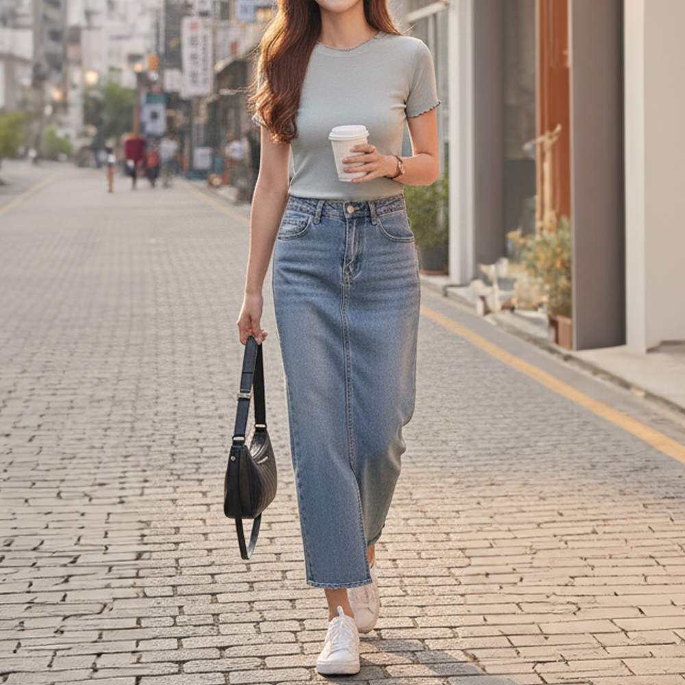 前開衩微彈牛仔長裙