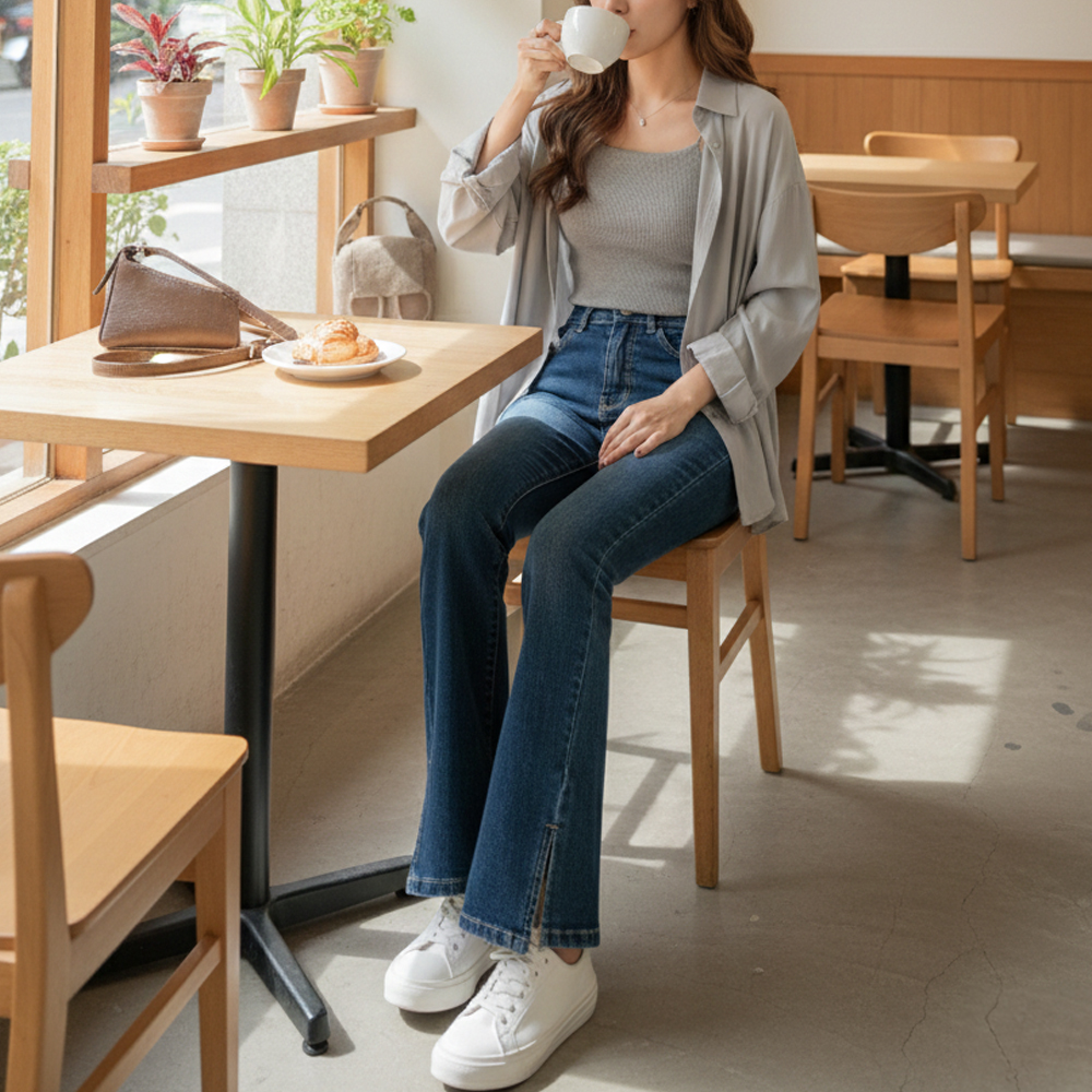 花朵刺繡開衩牛仔褲