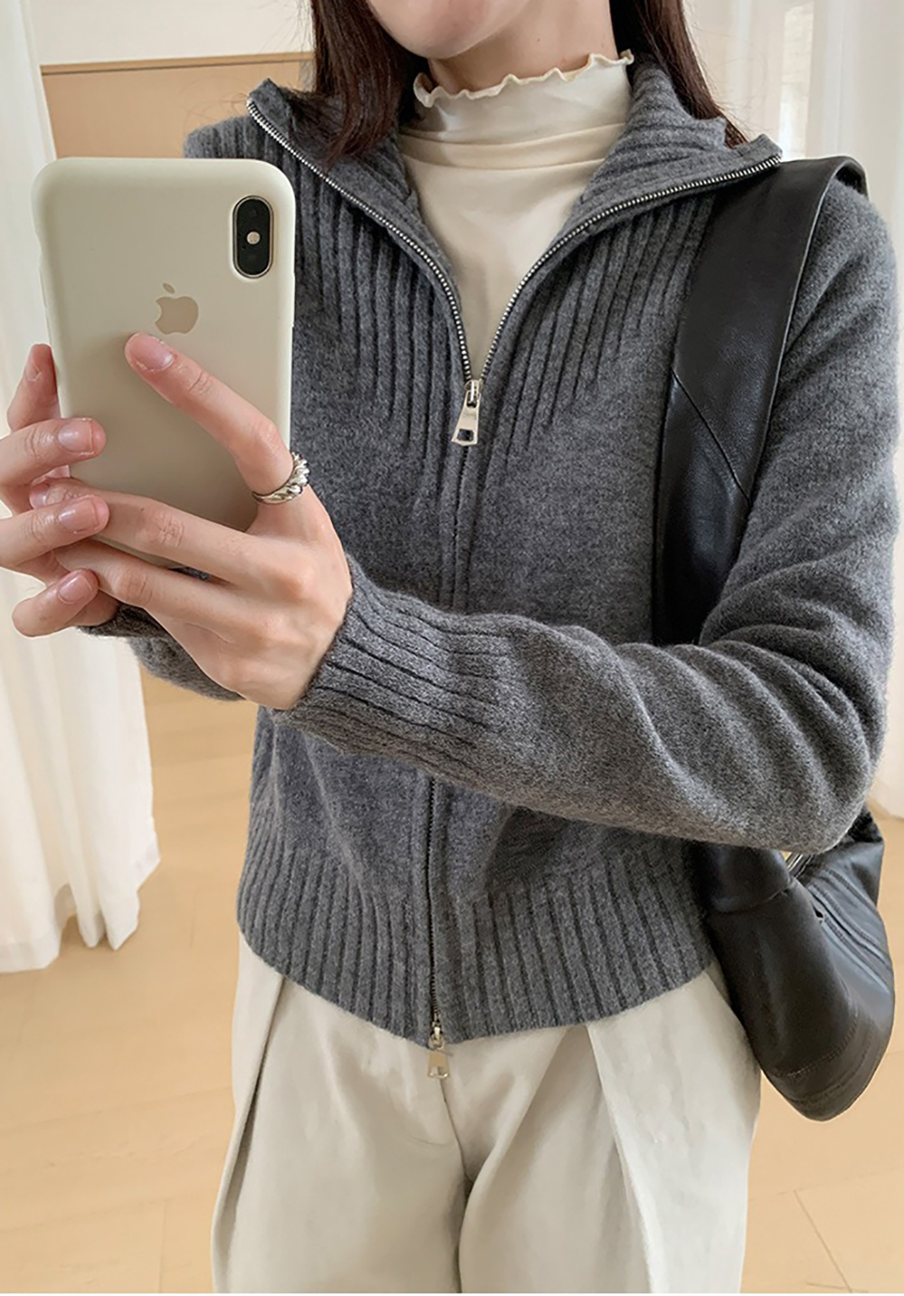 個性雙拉鍊翻領毛衣