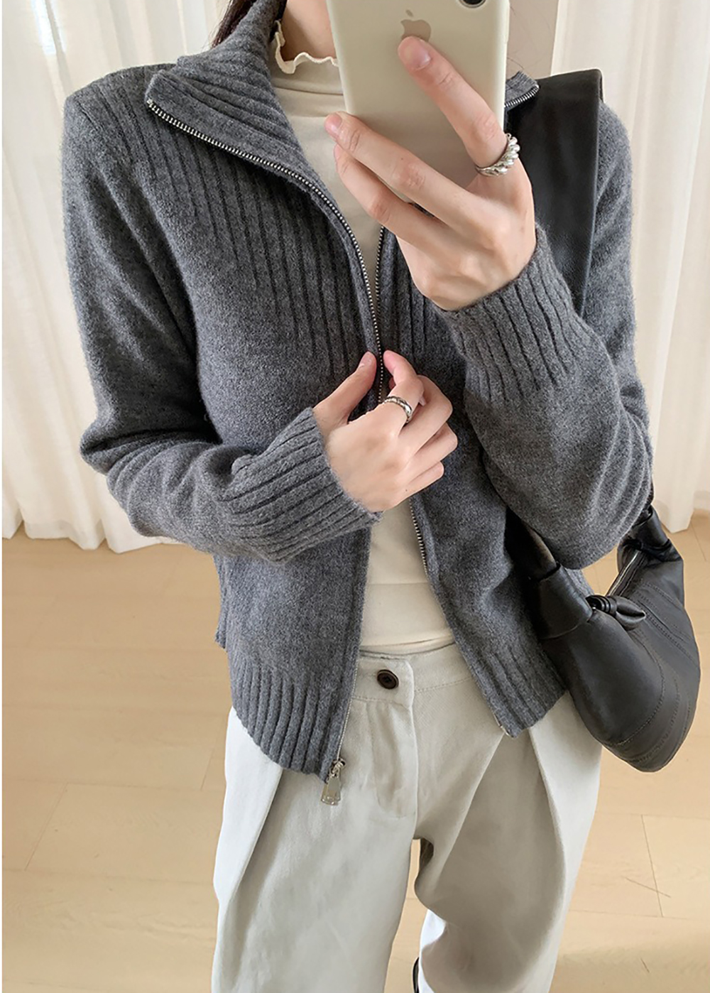 個性雙拉鍊翻領毛衣