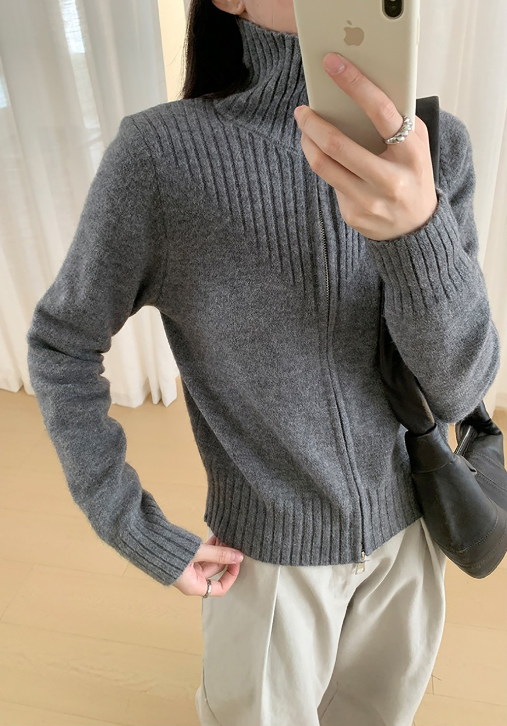 個性雙拉鍊翻領毛衣