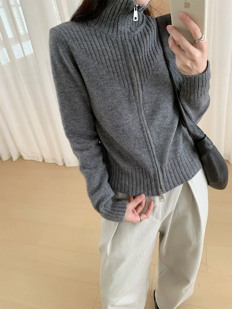 個性雙拉鍊翻領毛衣