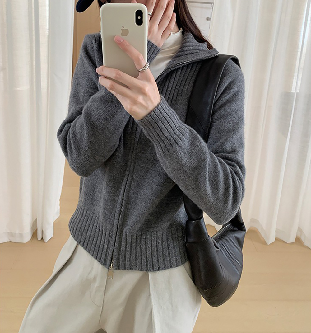 個性雙拉鍊翻領毛衣