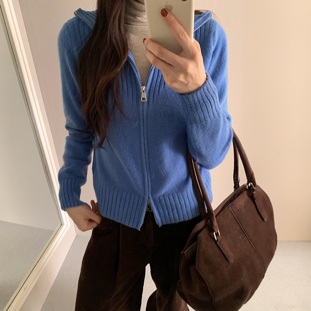 個性雙拉鍊翻領毛衣