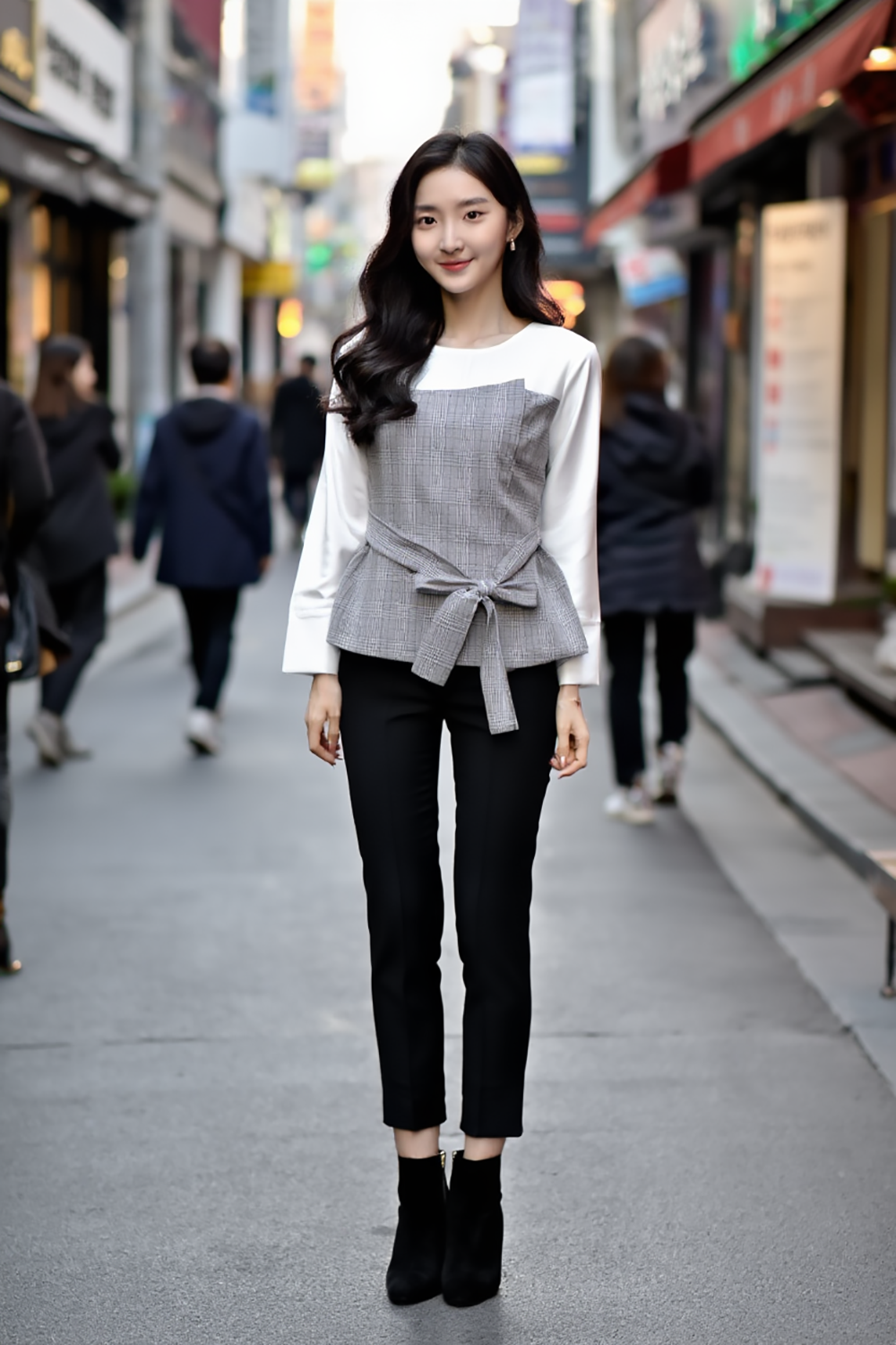 氣質格紋拼接綁帶上衣