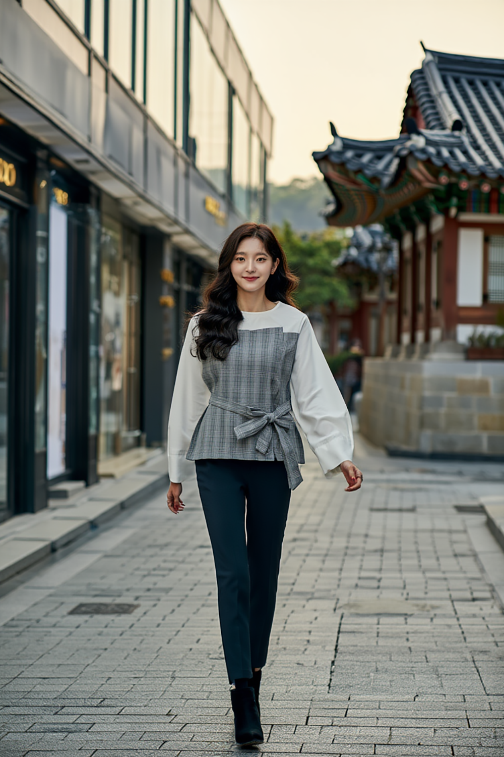 氣質格紋拼接綁帶上衣