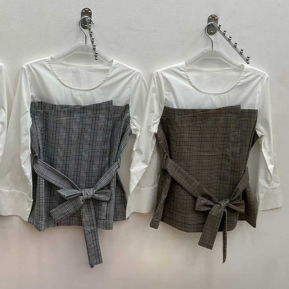 氣質格紋拼接綁帶上衣