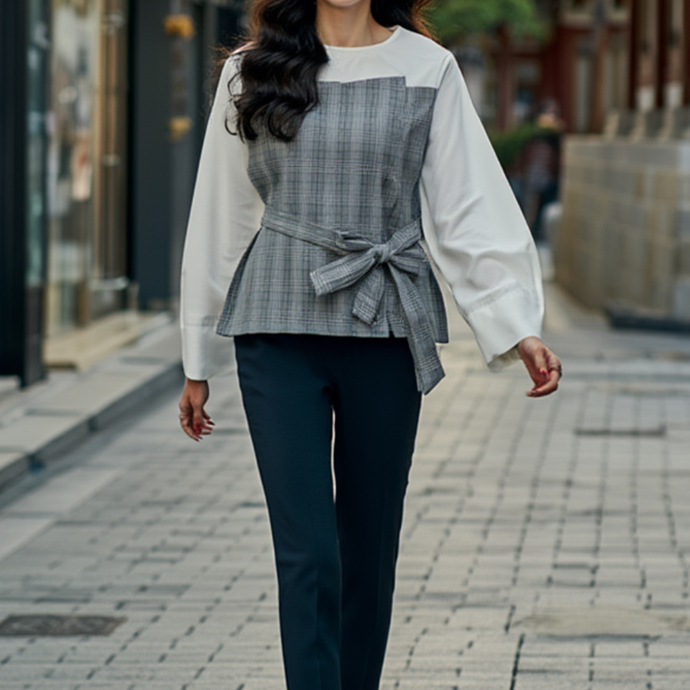 氣質格紋拼接綁帶上衣