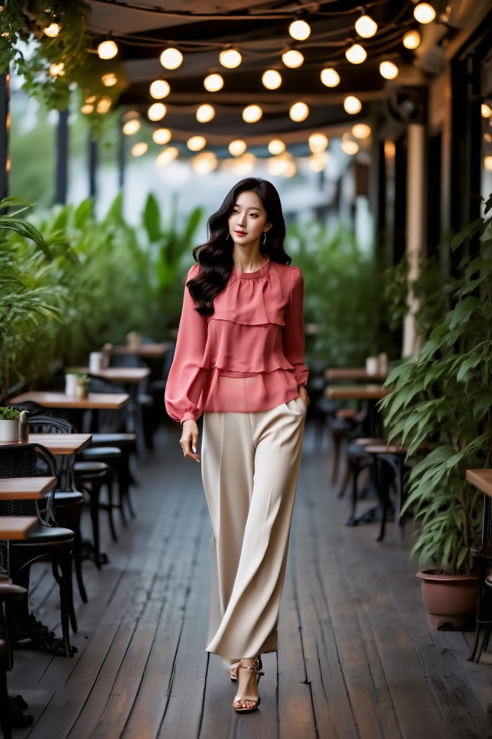 浪漫荷葉花邊圓領上衣