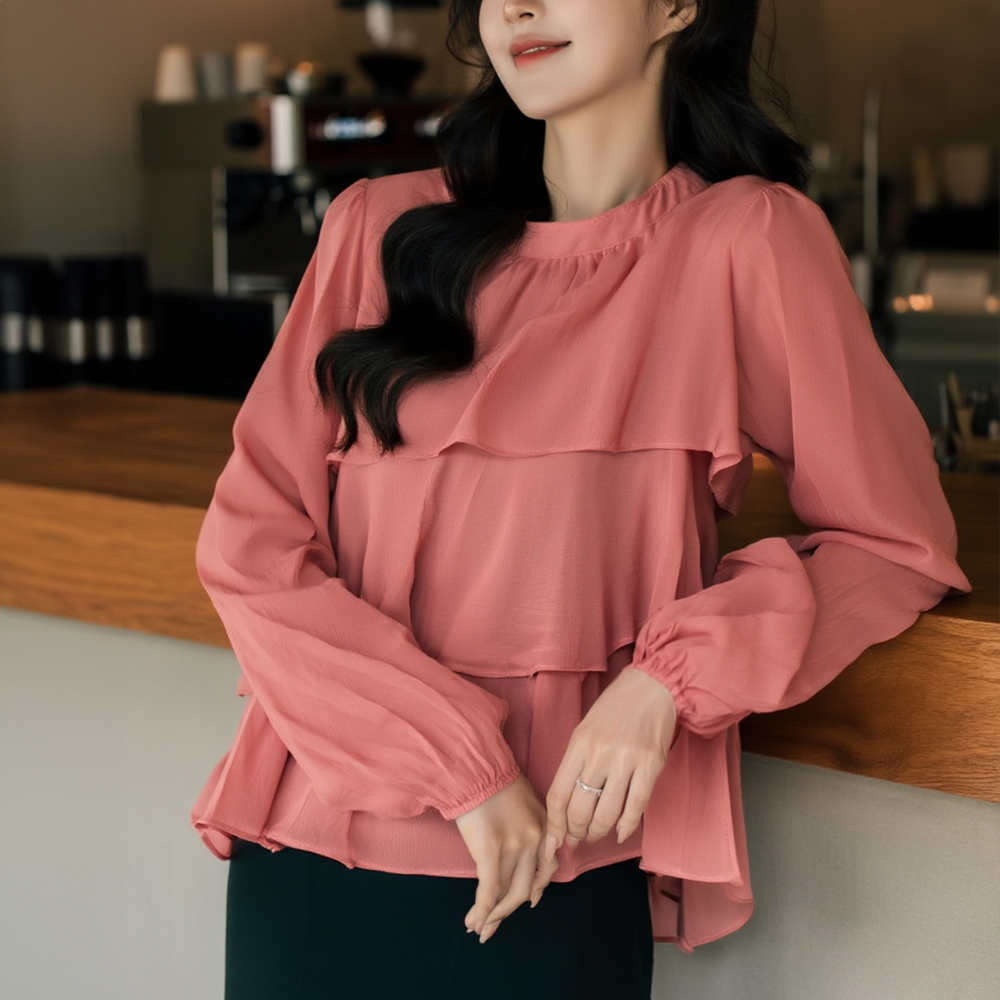 浪漫荷葉花邊圓領上衣