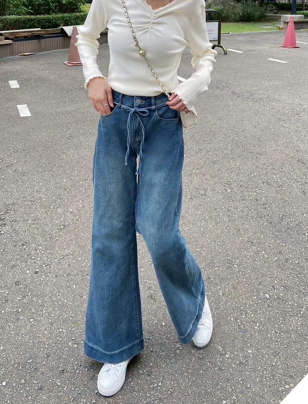 綁帶設計微彈牛仔褲