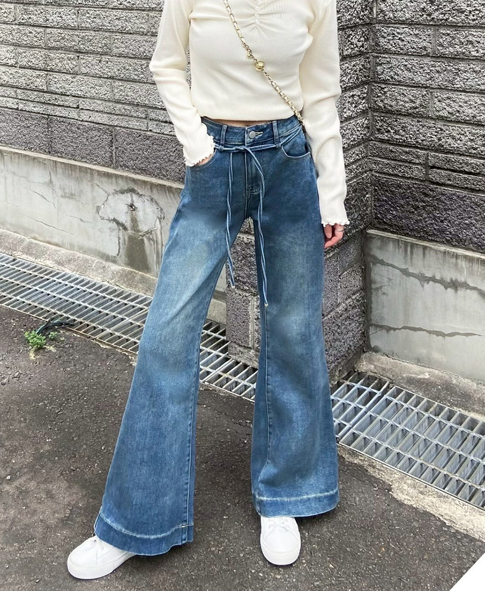 綁帶設計微彈牛仔褲