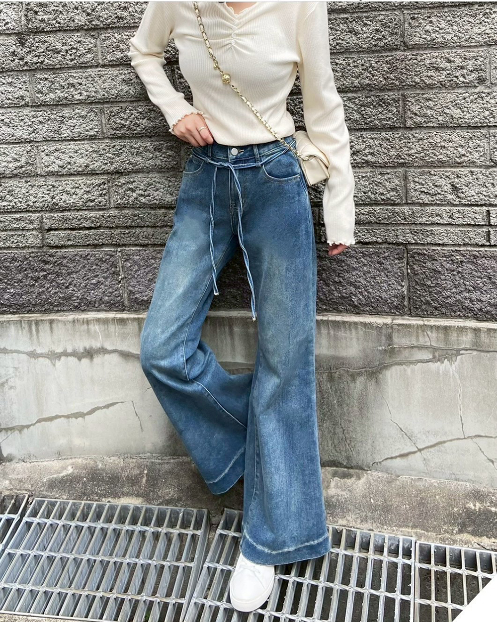 綁帶設計微彈牛仔褲