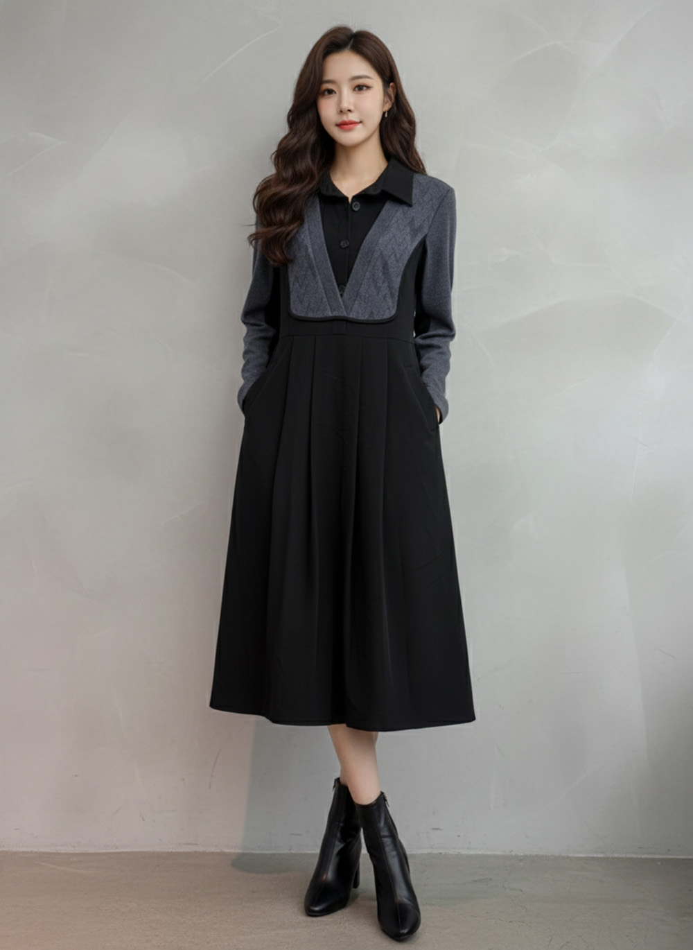 襯衫領針織拼接洋裝