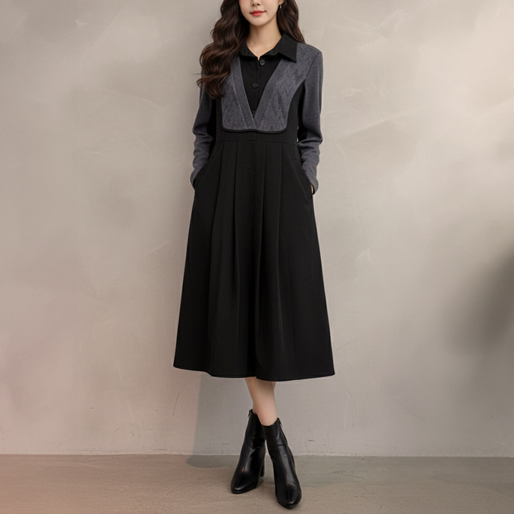 襯衫領針織拼接洋裝