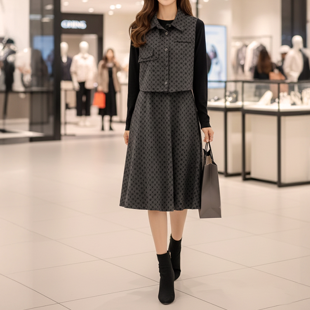 字母印花背心洋裝套裝