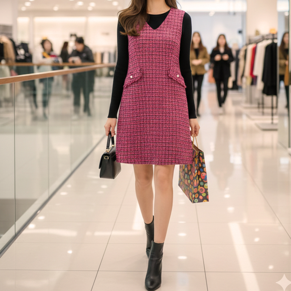 毛呢感V領口袋洋裝