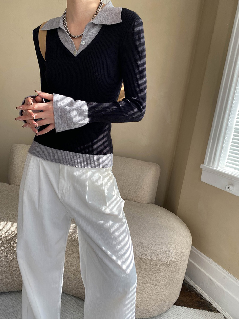 假兩件修身針織上衣