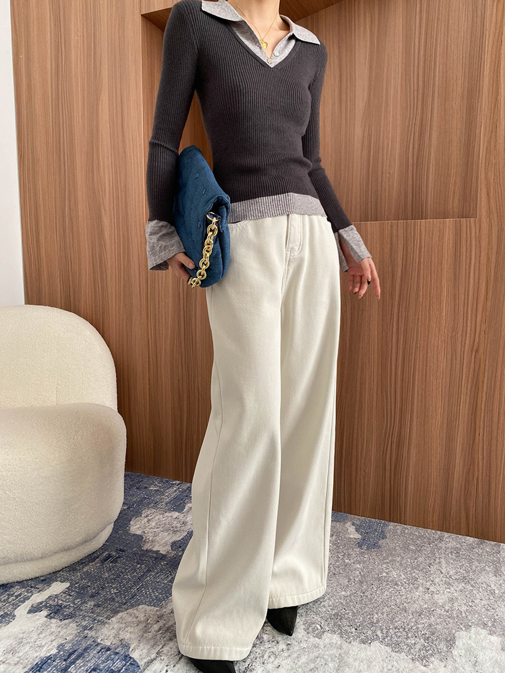 假兩件修身針織上衣