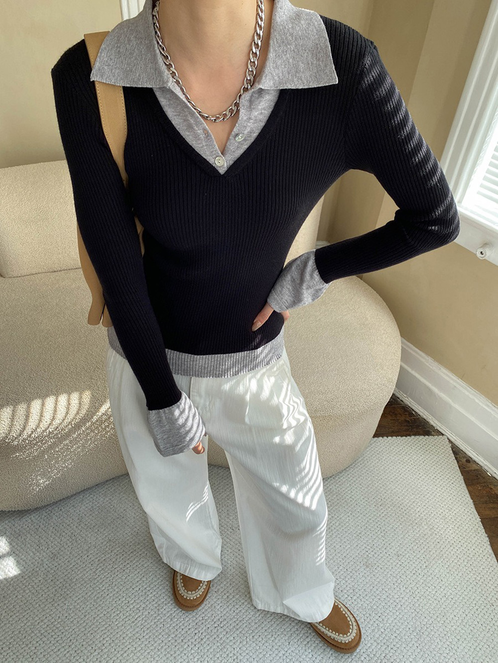 假兩件修身針織上衣