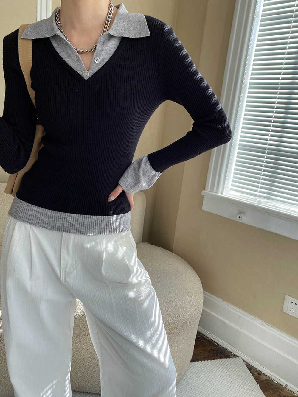 假兩件修身針織上衣