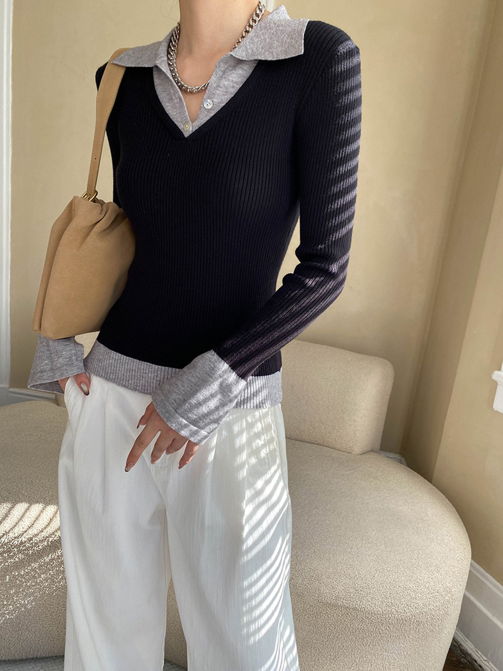 假兩件修身針織上衣