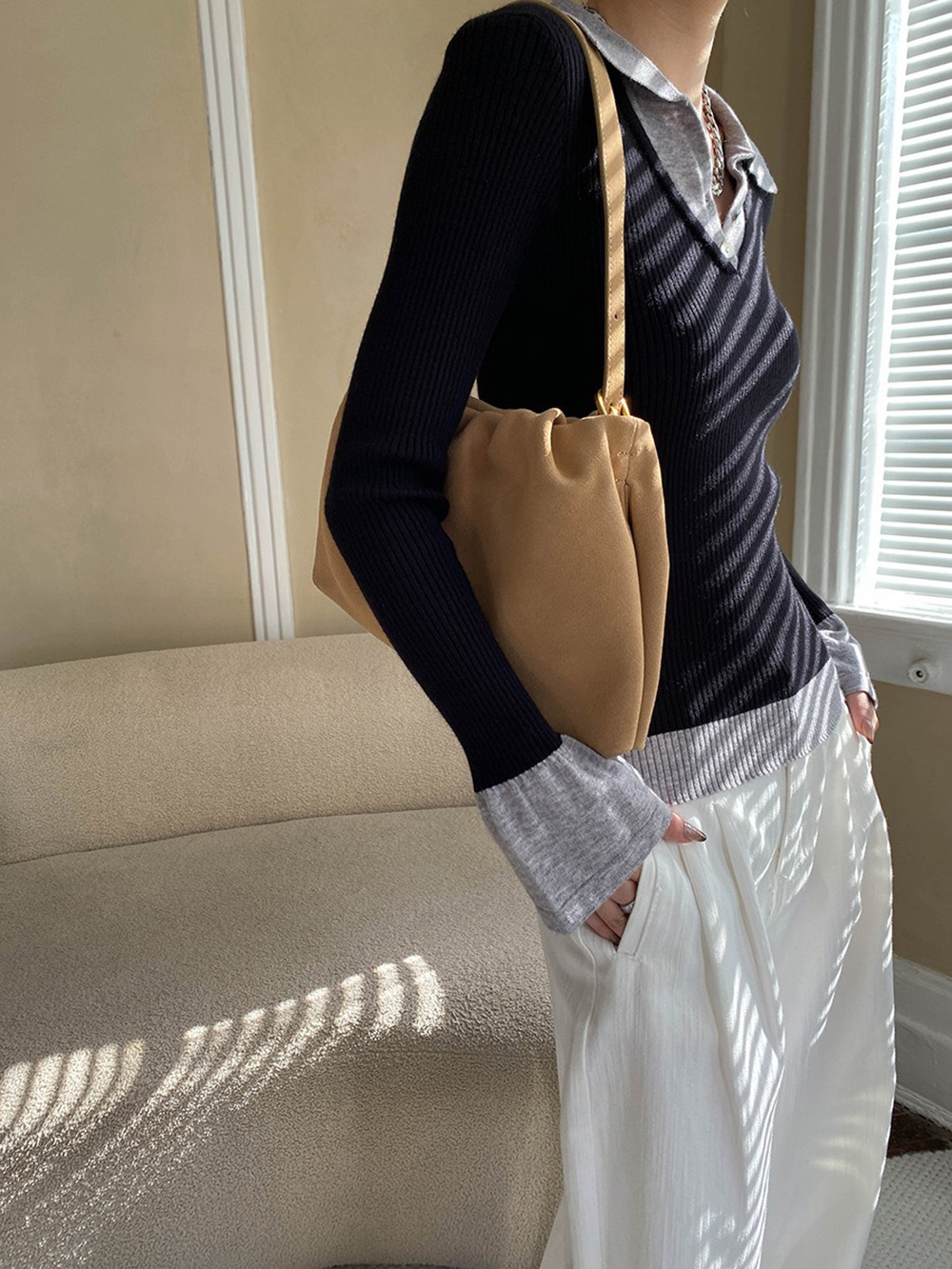 假兩件修身針織上衣