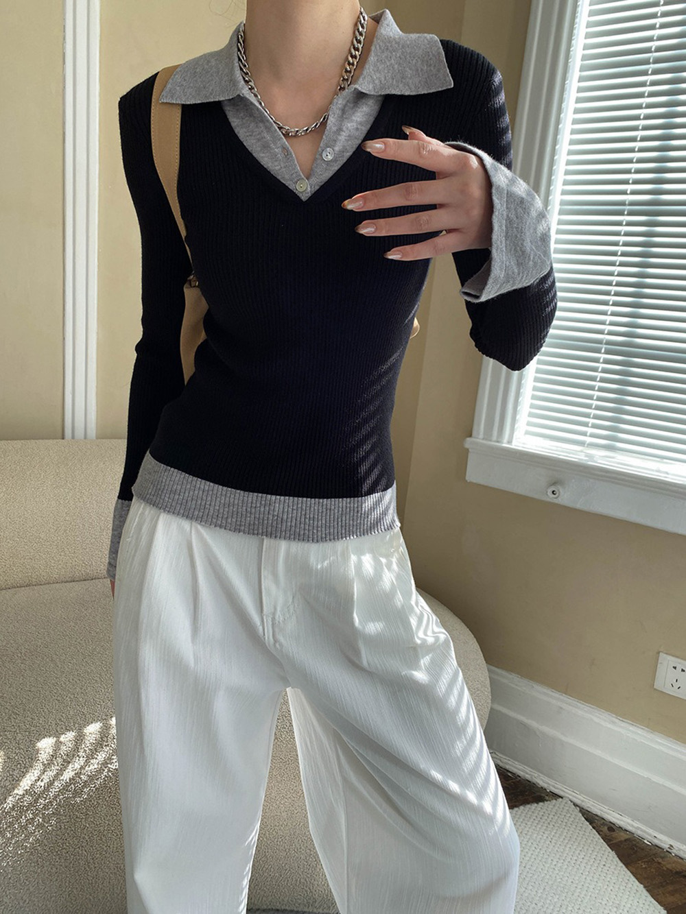 假兩件修身針織上衣