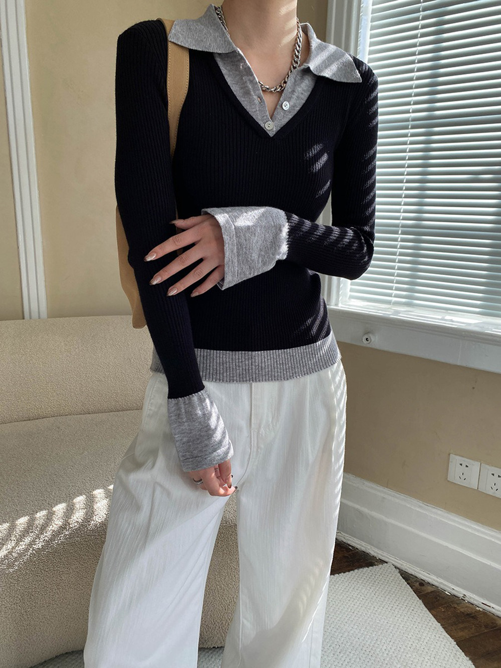 假兩件修身針織上衣