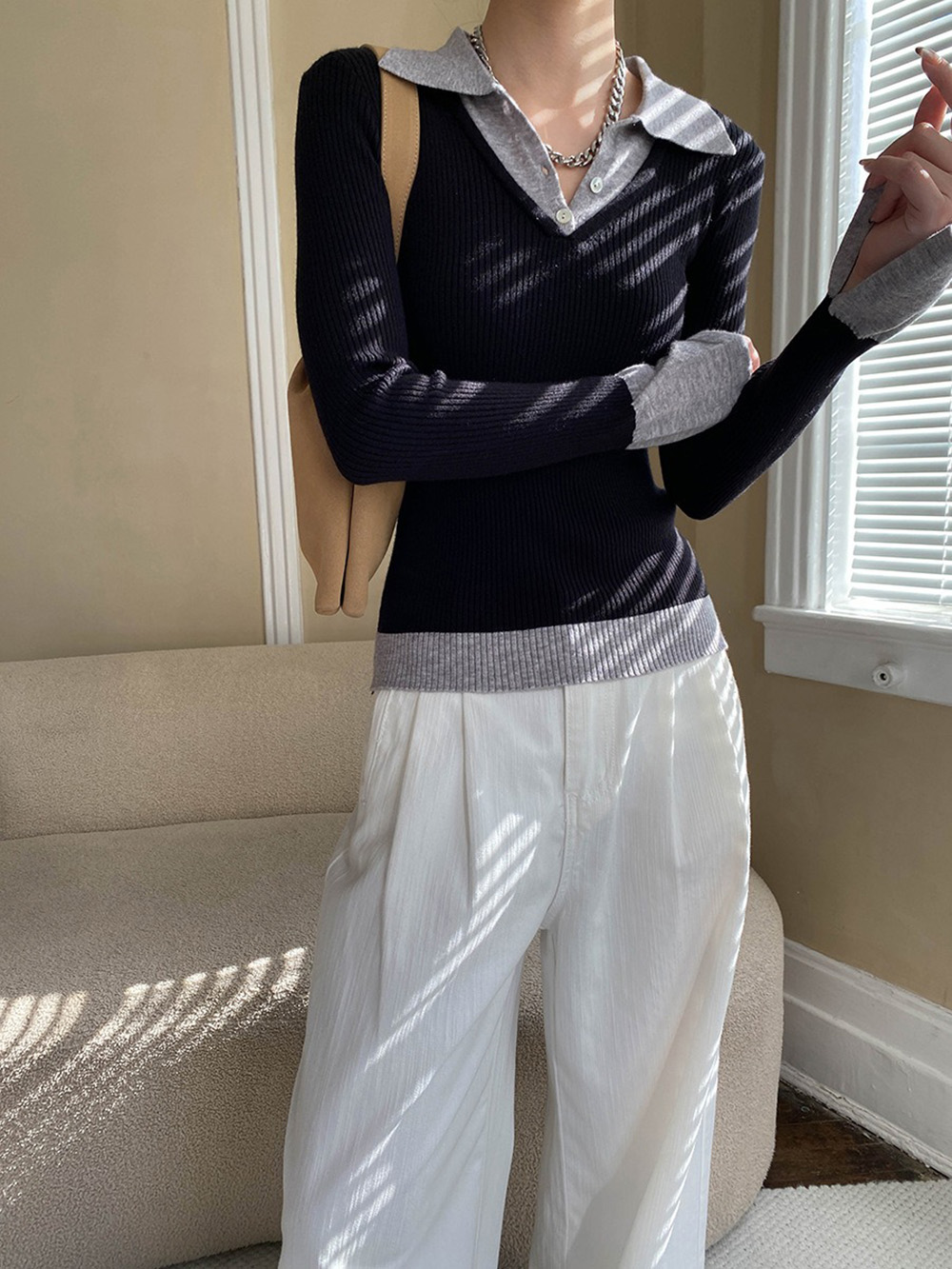 假兩件修身針織上衣