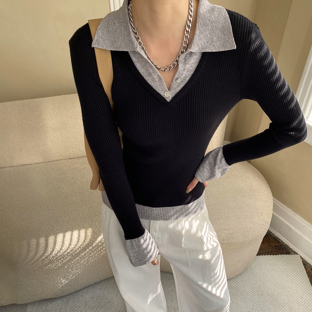 假兩件修身針織上衣