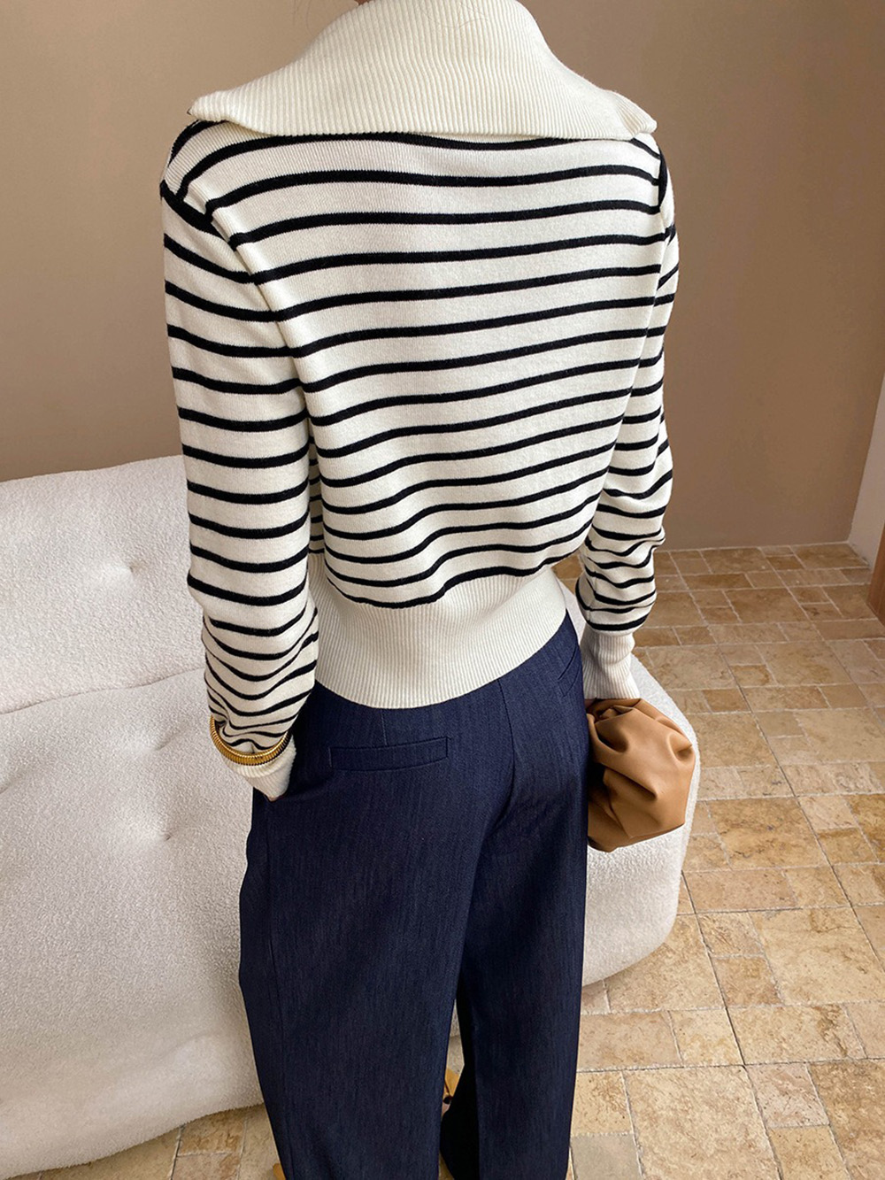 翻領撞色條紋針織上衣