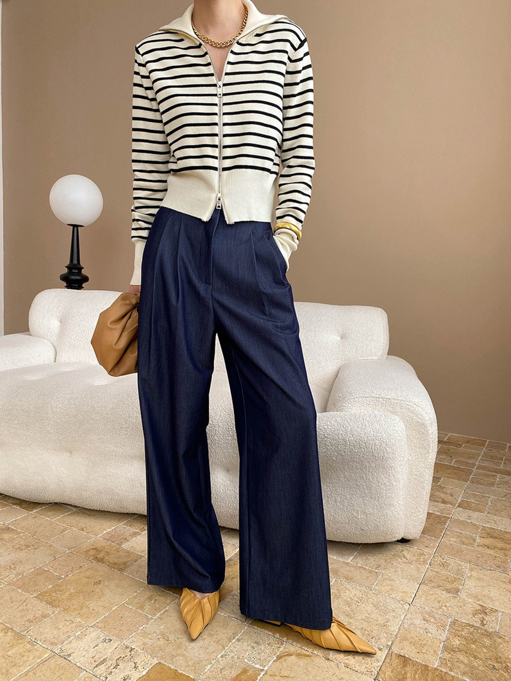 翻領撞色條紋針織上衣