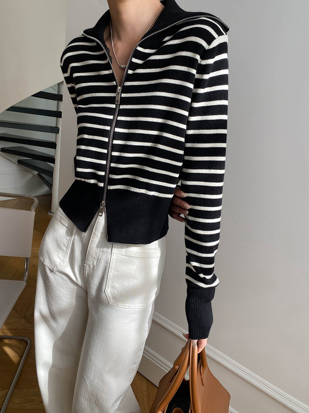 翻領撞色條紋針織上衣