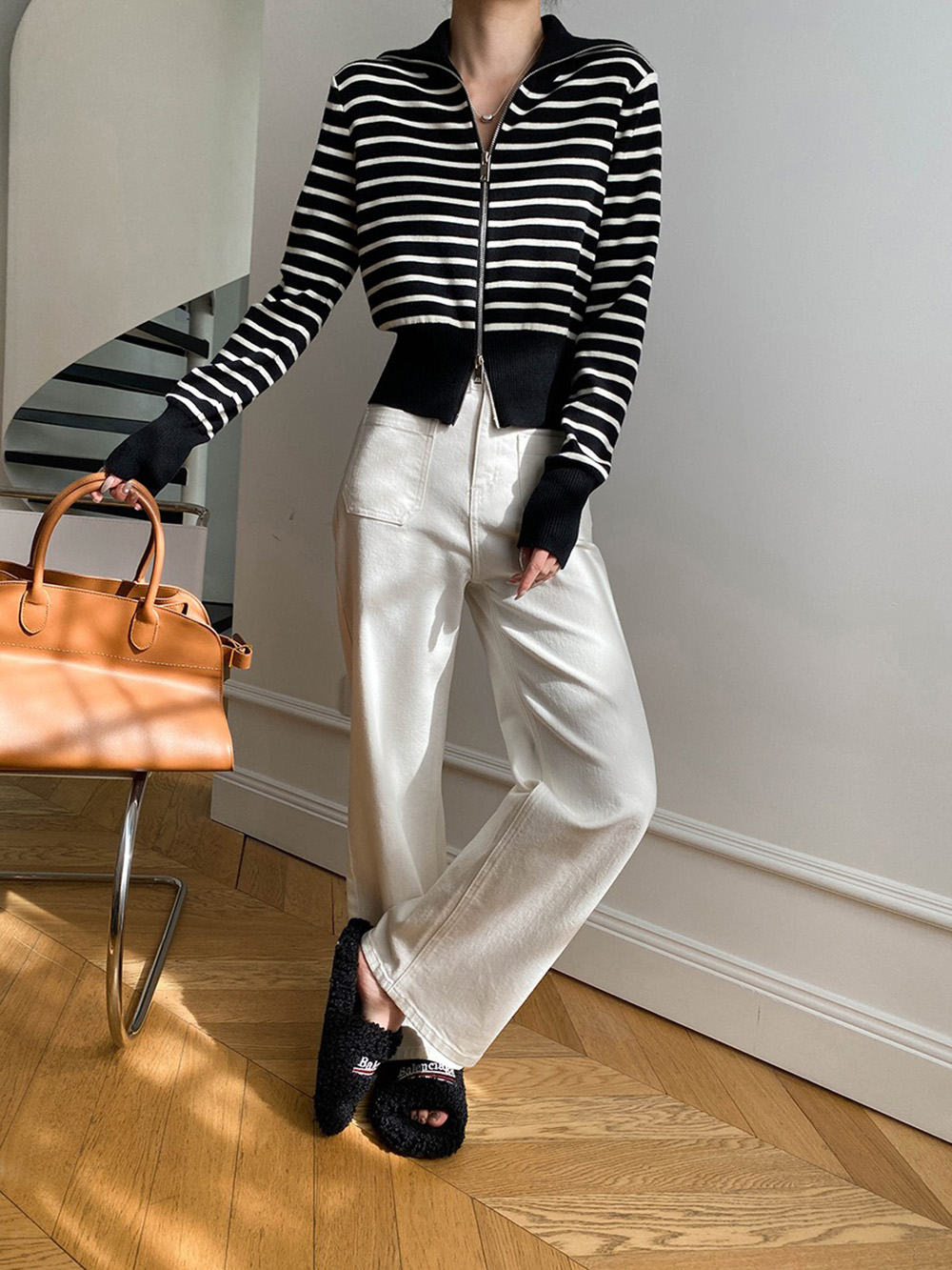 翻領撞色條紋針織上衣