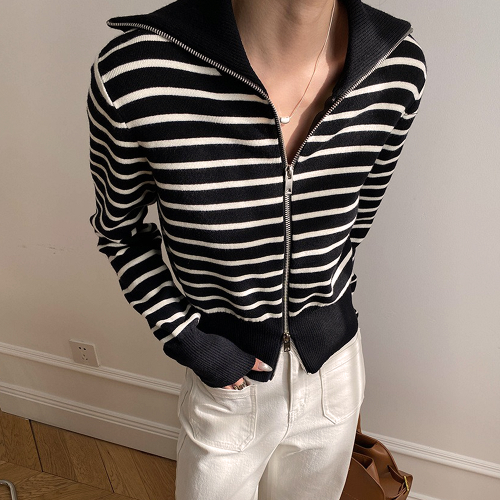 翻領撞色條紋針織上衣